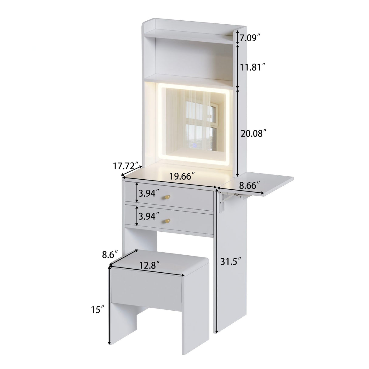 Contemporary Small Space Vanity Table Set With Adjustable Lighted Mirror And Storage Chair - White