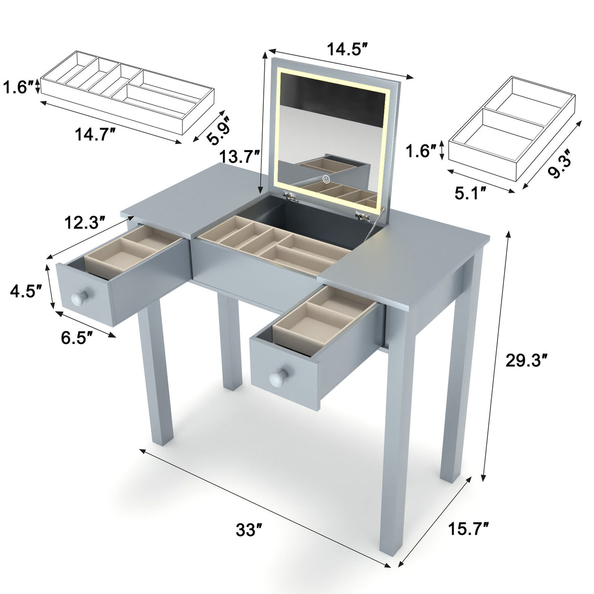 Vanity Table With LED Lights, Flip-Top Mirror And 2 Drawers, Jewelry Storage