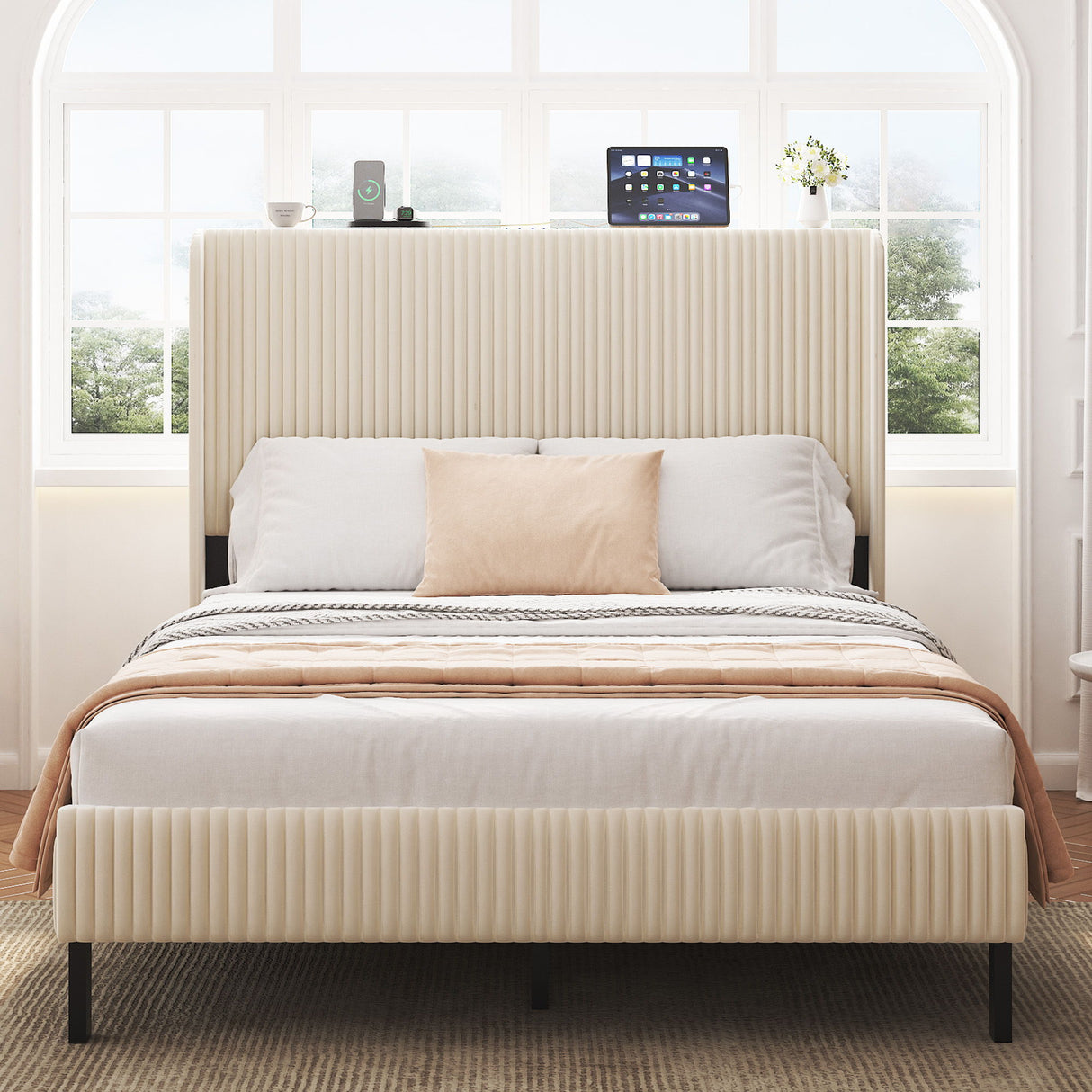 Platform Bed With Metal Frame And Charging Station