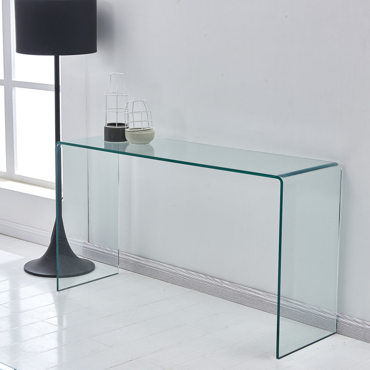 Elegant Transparent Tempered Glass Console Table With Rounded Edges, Modern Sofa Table - Clear
