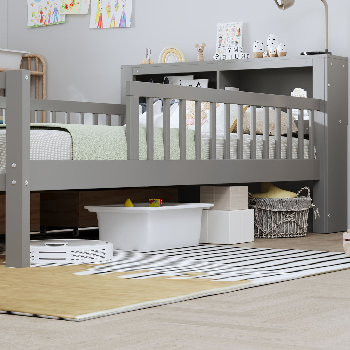 Bed With Headboard Storage Rack, 2 Under Bed Drawers, 3 Side Guardrails For Safety