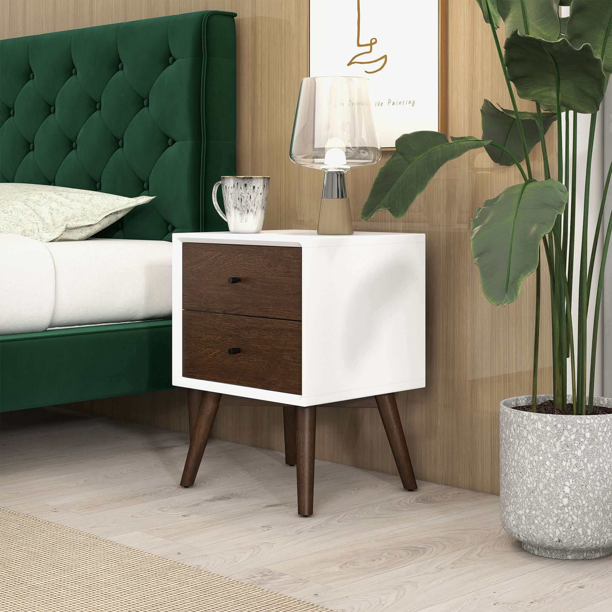 Caroline - Mid-Century Modern Style White Night Stand 2 Drawer