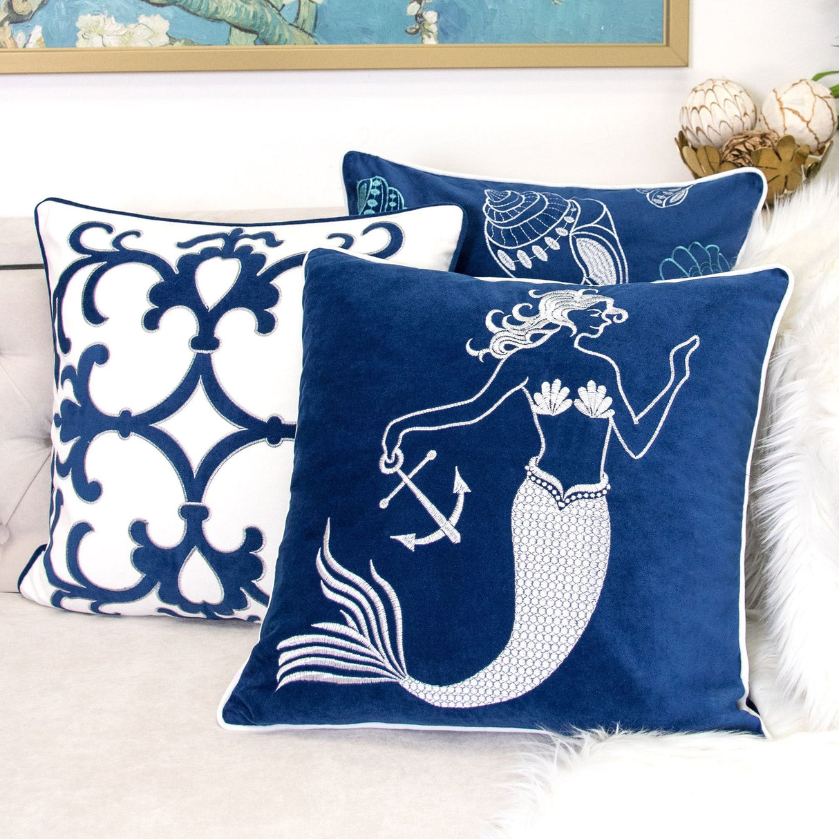 Liz Mermaid Pillow Cover With Matching Back And Hidden Zipper - Indigo
