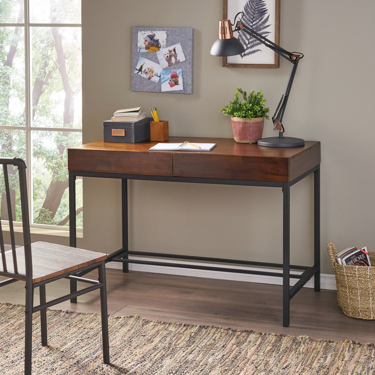 Industrial Style Storage Desk With Acacia Wood Top And Metal Legs - Oak
