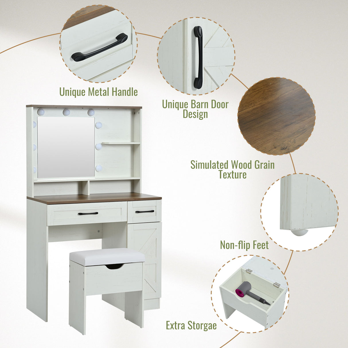 Farmhouse Makeup Vanity Desk With Mirror And Lights, 3 Lighting Modes, Vanity Set With Stool, Dressing Table With Adjustable Shelves, 2 Drawers And Side Cabinet For Bedroom - White