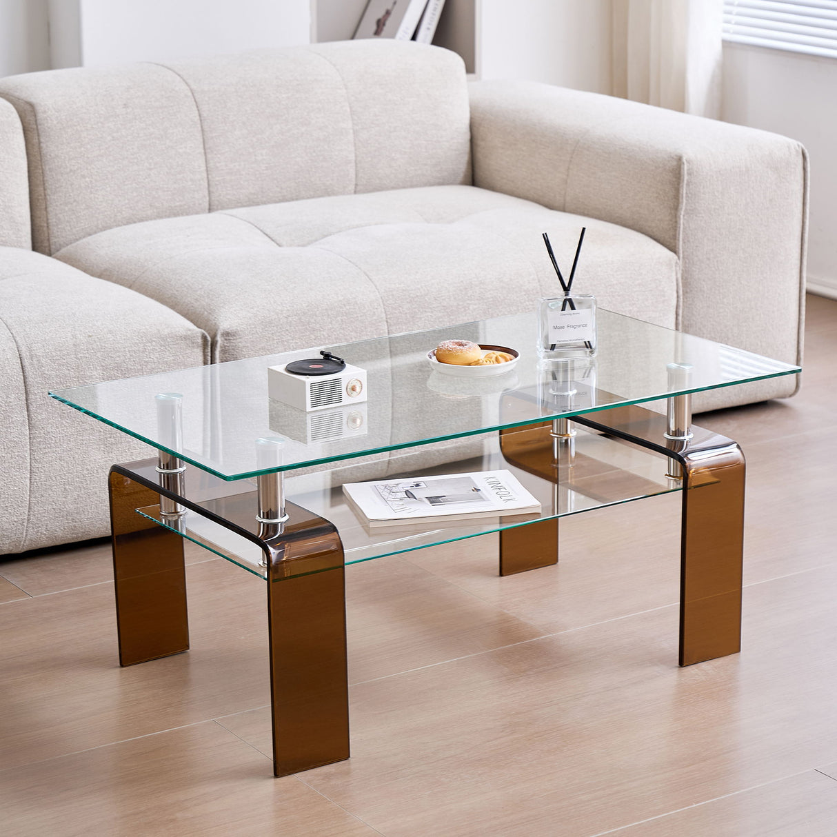 Modern Tempered Glass Coffee Table With 2 Tier Storage For Living Room