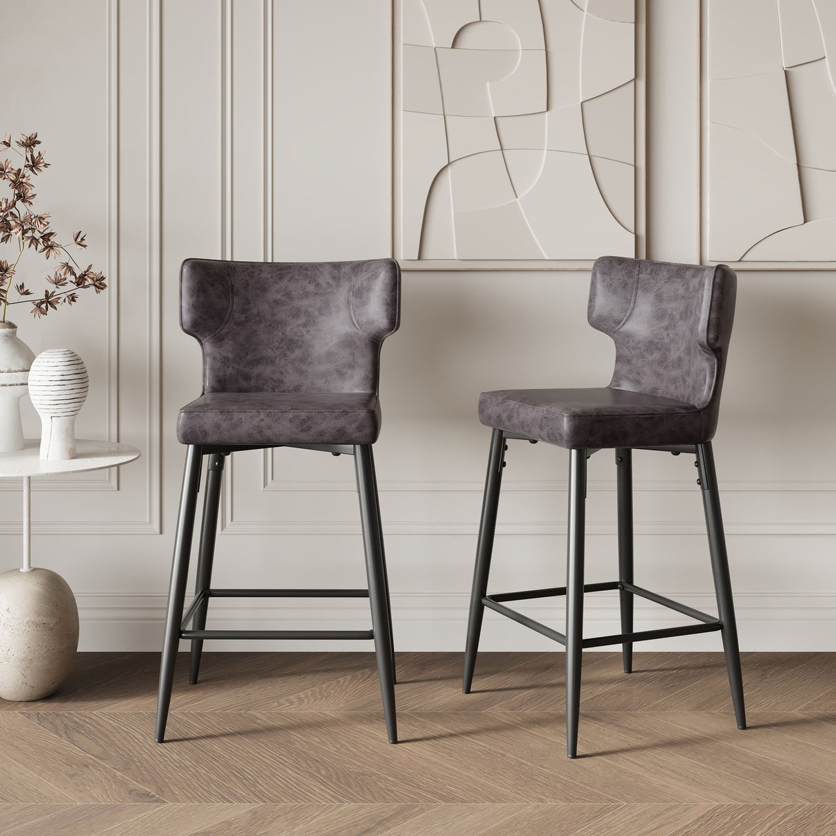 Modern Bar Stools With Upholstery And Metal Footrest (Set of 2)