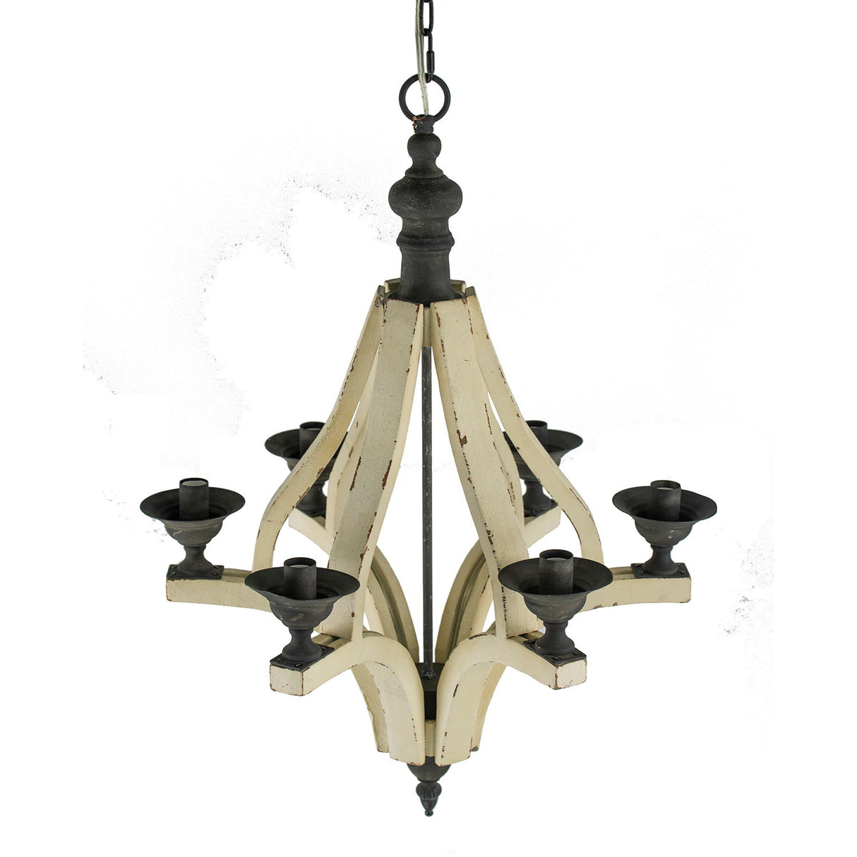 6 Light Wood Chandelier, Hanging Light Fixture With Adjustable Chain For Kitchen, Bulb Not Included - Cream