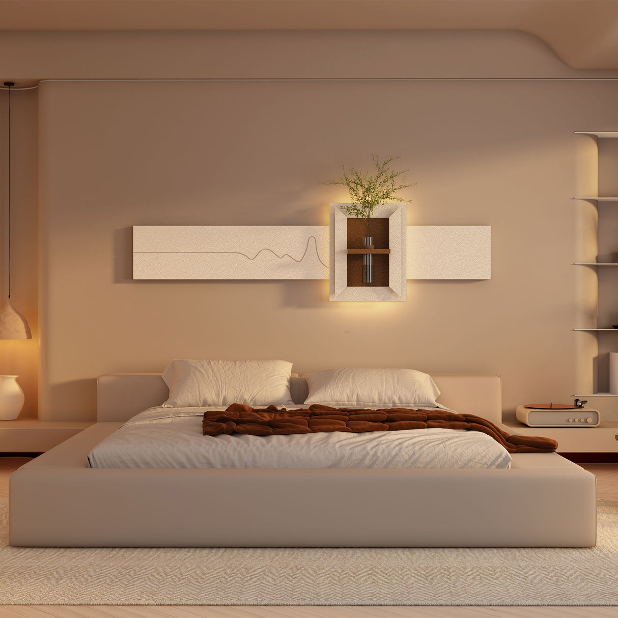 3D LED Sandstone Wall Decor With Simulated Plants, Glass Vase & Remote Control - Light Coffee