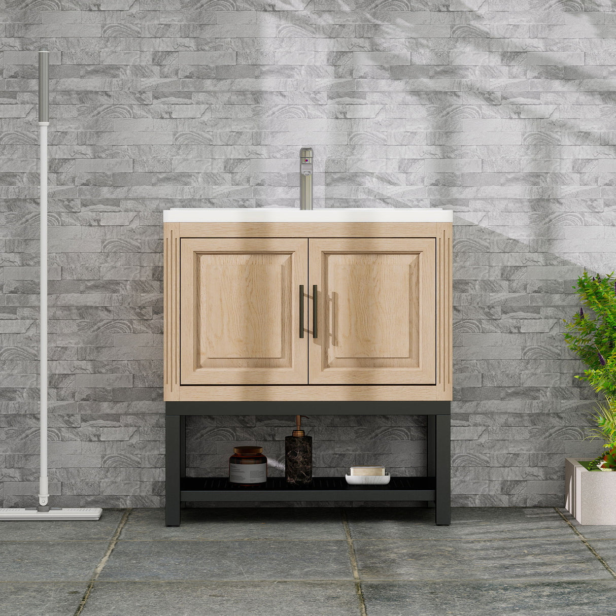 Modern Freestanding Bathroom Vanity With Ceramic Sink, Hot And Cold Faucet, Storage Cabinet & Open Shelf