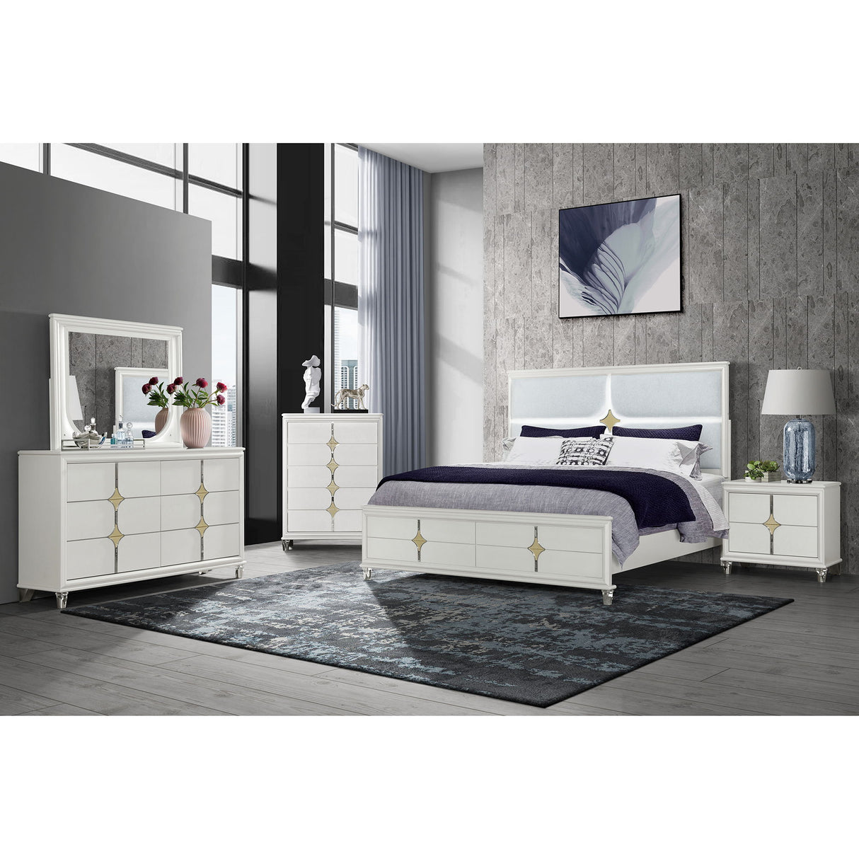 Uriuni - 5 Piece King Bedroom Set With LED Lighting And Panel Headboard - Gold / White