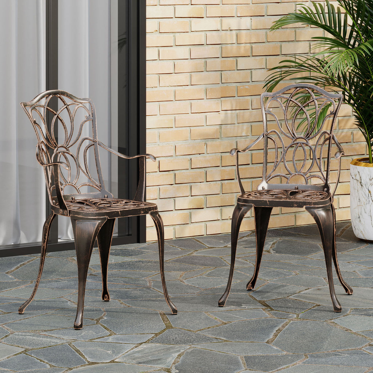 Outdoor Dining Chair With Floral Design And Curved Saber Legs (Set of 2) - Copper