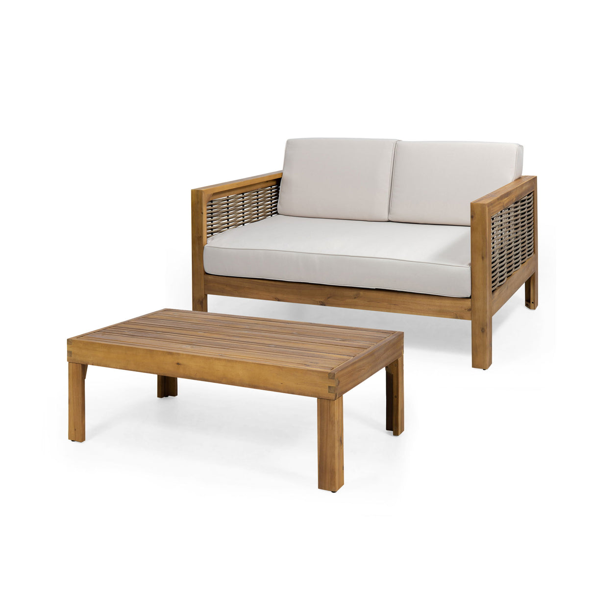 Outdoor Patio Set With Coffee Table And Loveseat - Teak / Beige