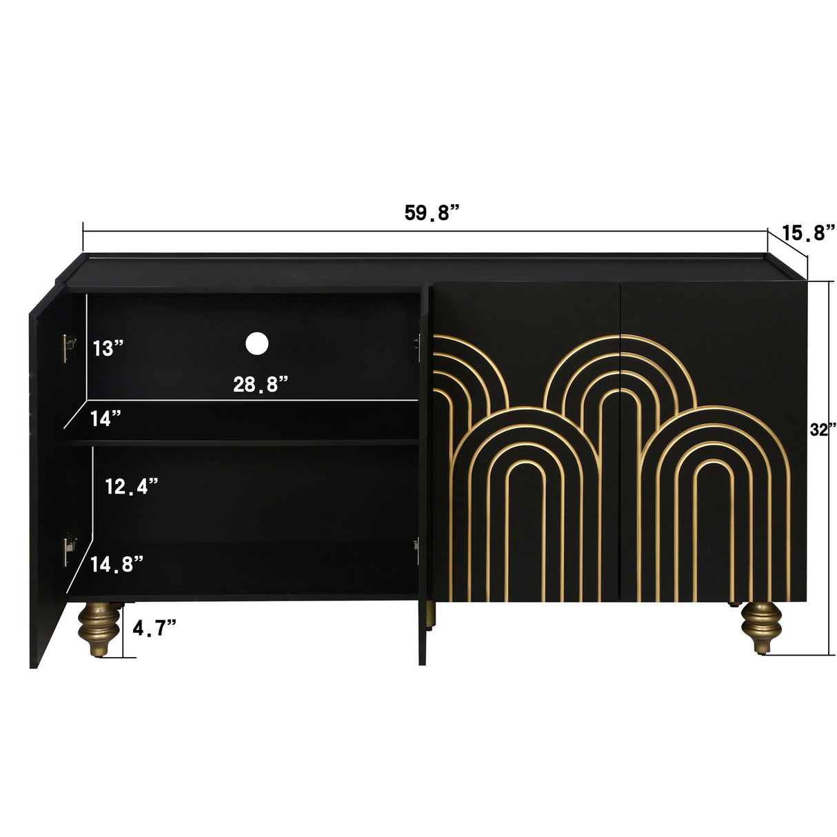 Modern Fluted Sideboard Buffet With Storage, Curve Element, 4 Doors With Adjustable Shelves
