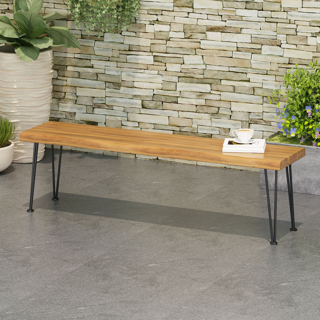 Zion - Industrial Wood And Metal Rectangular Bench With Faux Live Edge Design - Teak