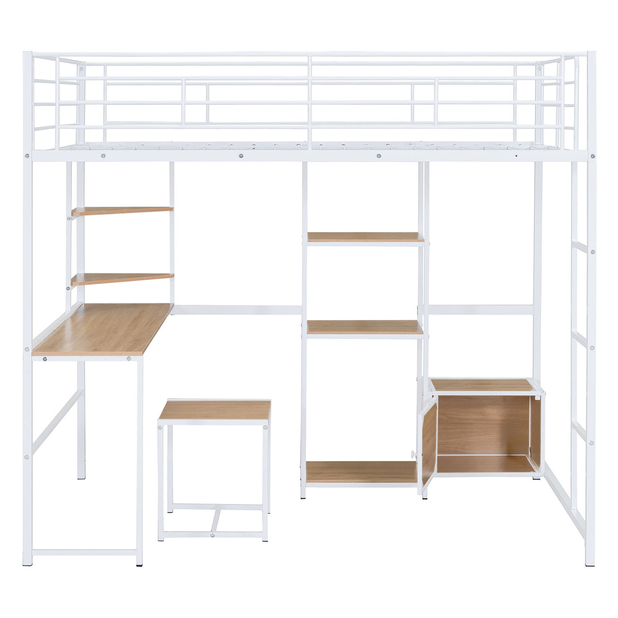 Full Size Loft Bed With Desk And Stool, With Open Style Wardrobe, Shelves And Cabinet - White