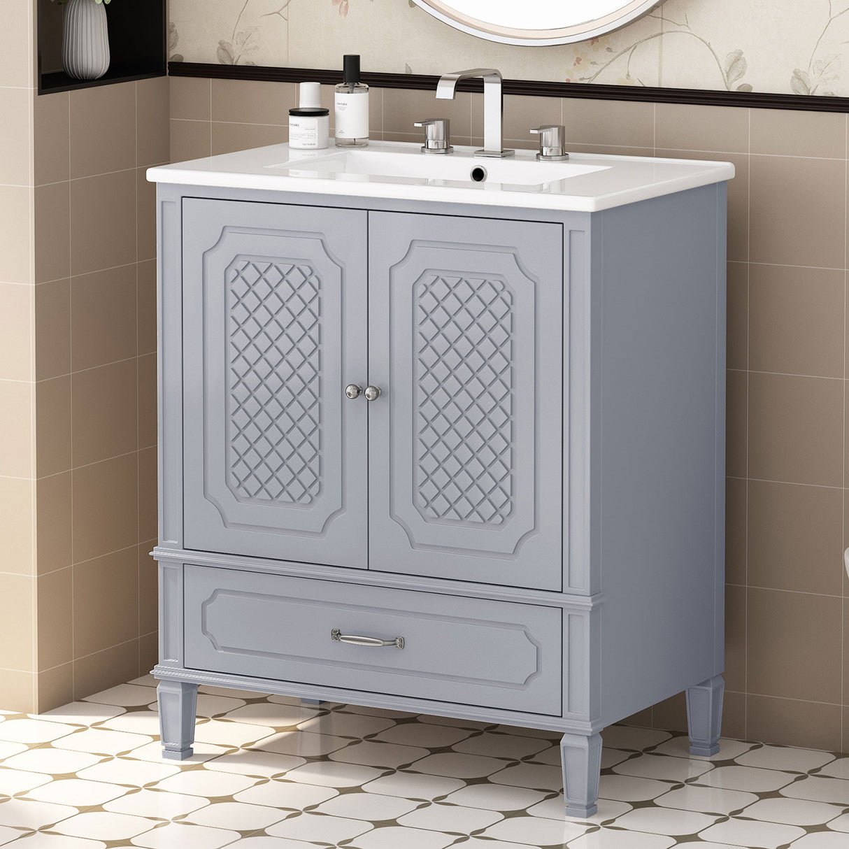 Vintage Style Bathroom Vanity With Sink, Multi Functional Storage, Soft-Closing Door