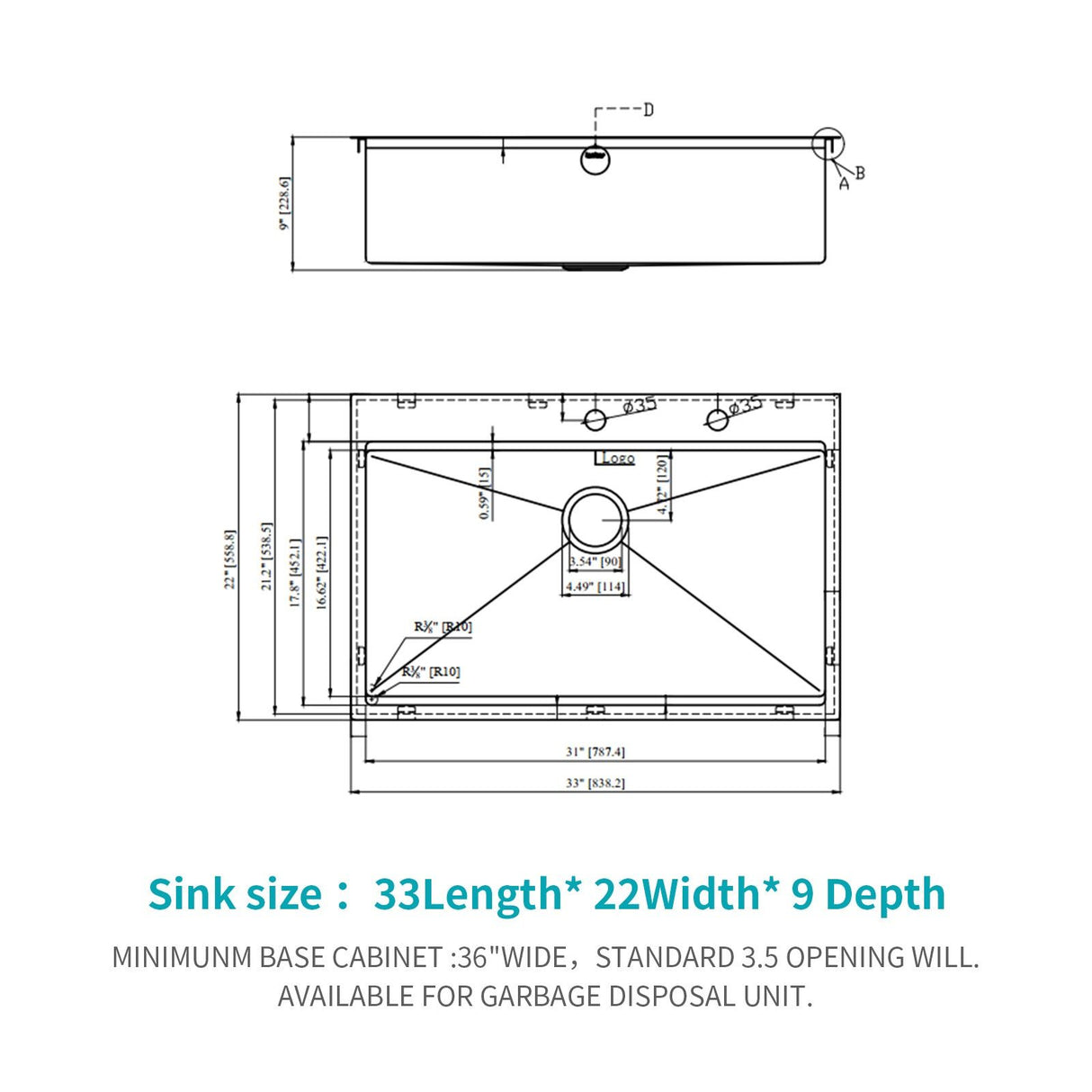 33" Drop In Kitchen Sink With Ledge Workstation, 16 Gauge Stainless Steel - Gunmetal Black