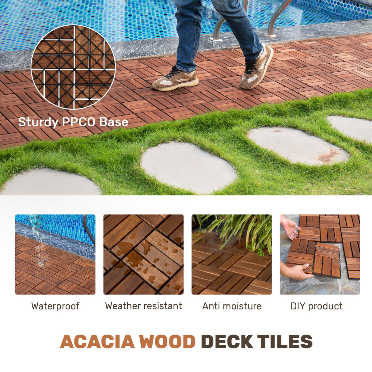 Acacia Wood Interlocking Deck Tiles Checker Pattern For Outdoor Flooring
