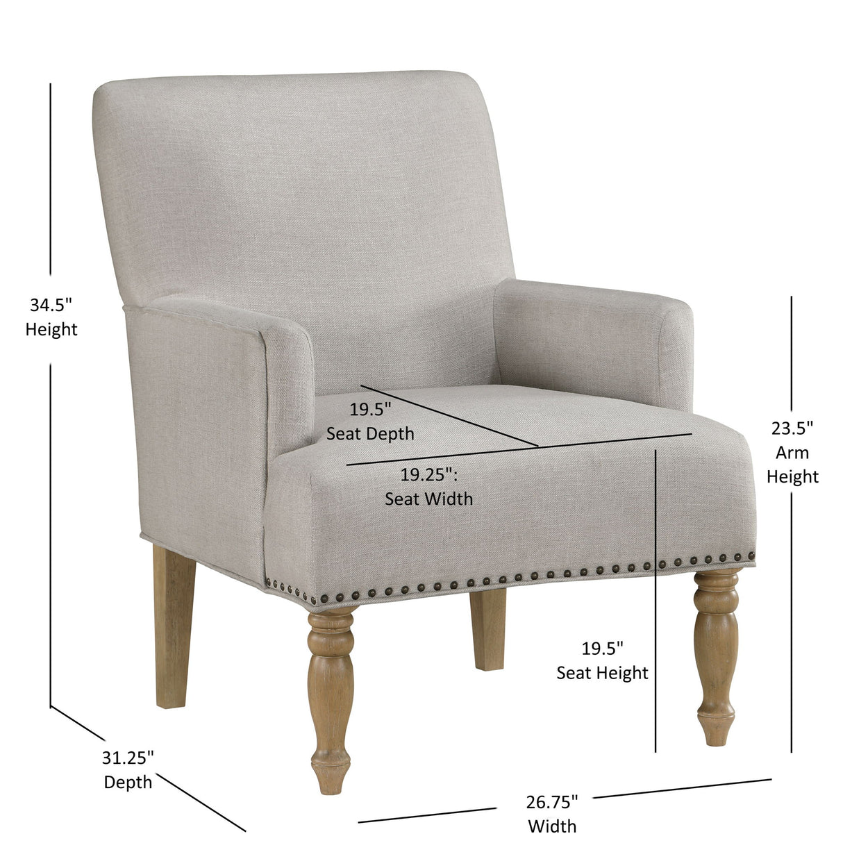 Alice - Upholstered Arm Chair With Pecan Legs And Antique Brass Nailheads - Beige