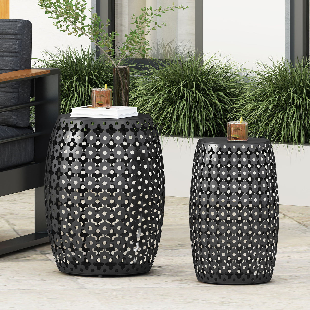 Modern Outdoor Metal End Table Set With Durable Iron Frame - Black