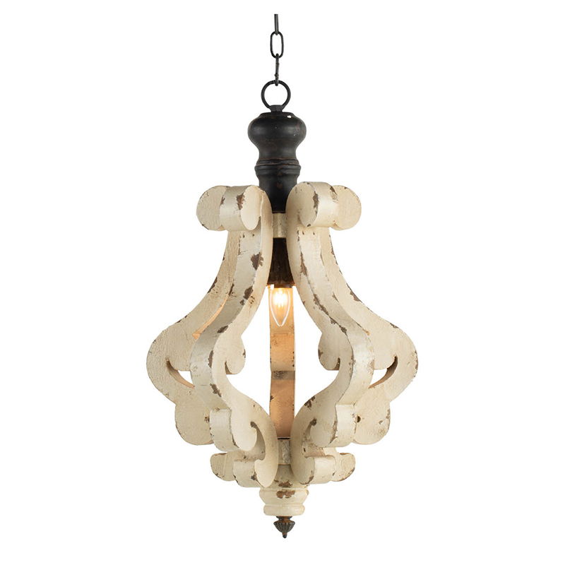 Farmhouse Chandeliar Distressed Pendant French Country Wood Chandelier For Living Room Foyer, Bulb Not Included - Antique Cream
