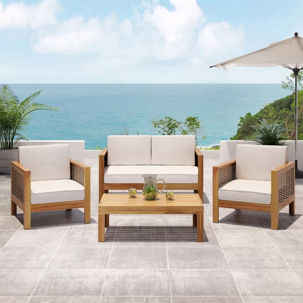 Outdoor 4 Seater Acacia Wood Chat Set With Wicker Accents And Cushions - Teak / Mixed Brown / Beige
