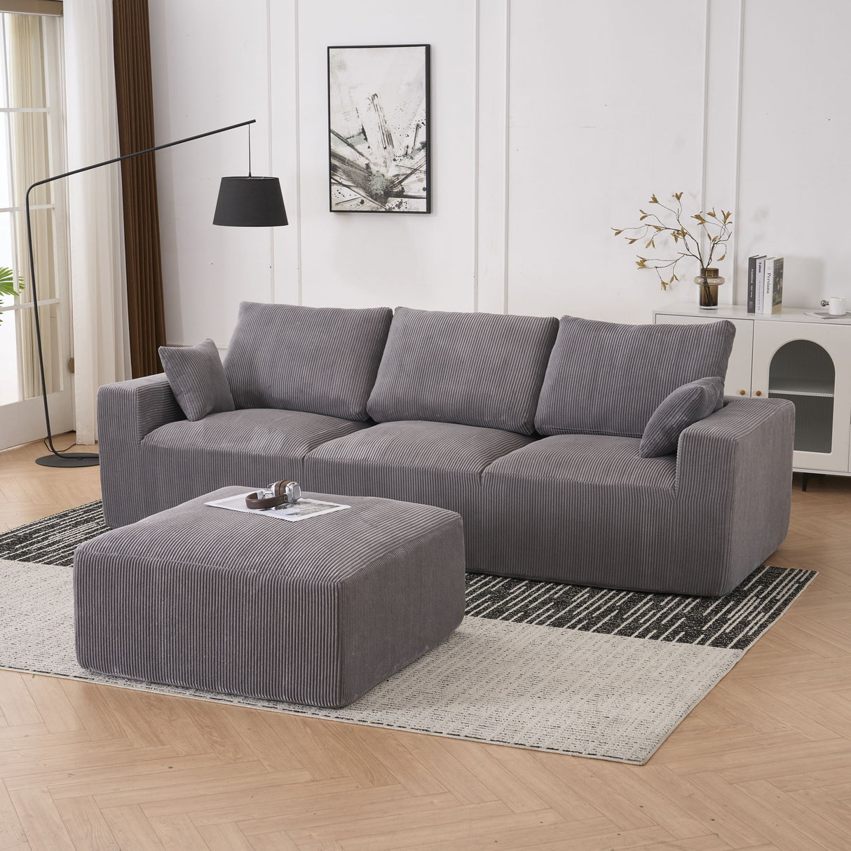 Modular Sectional Sofa With Ottoman, USB And Type C Charger, Petal Armrest Design