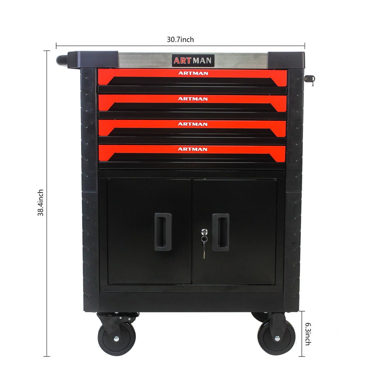 Removable 4 Drawer Metal Tool Cart With Lock - Black / Red