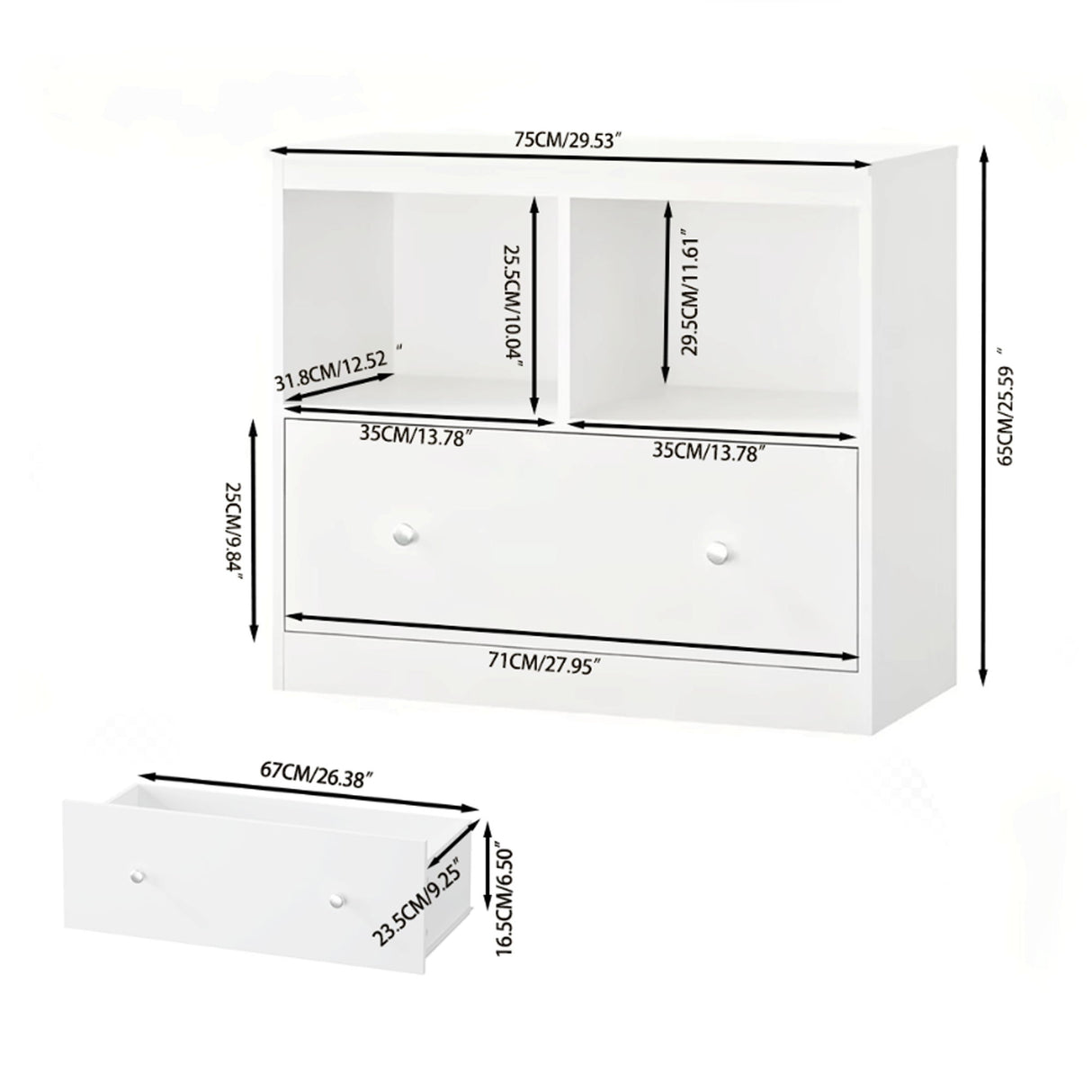 Toy Storage Organizer With Large Drawer And Low Bookshelf For Nursery & Playroom - White