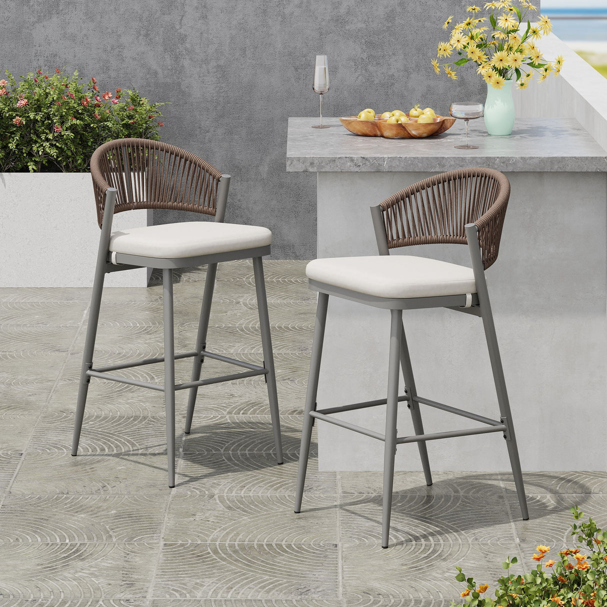Outdoor Bar Height Metal Frame Counter Stools With Scallop Shaped Backrest & Water Resistant Cushions
