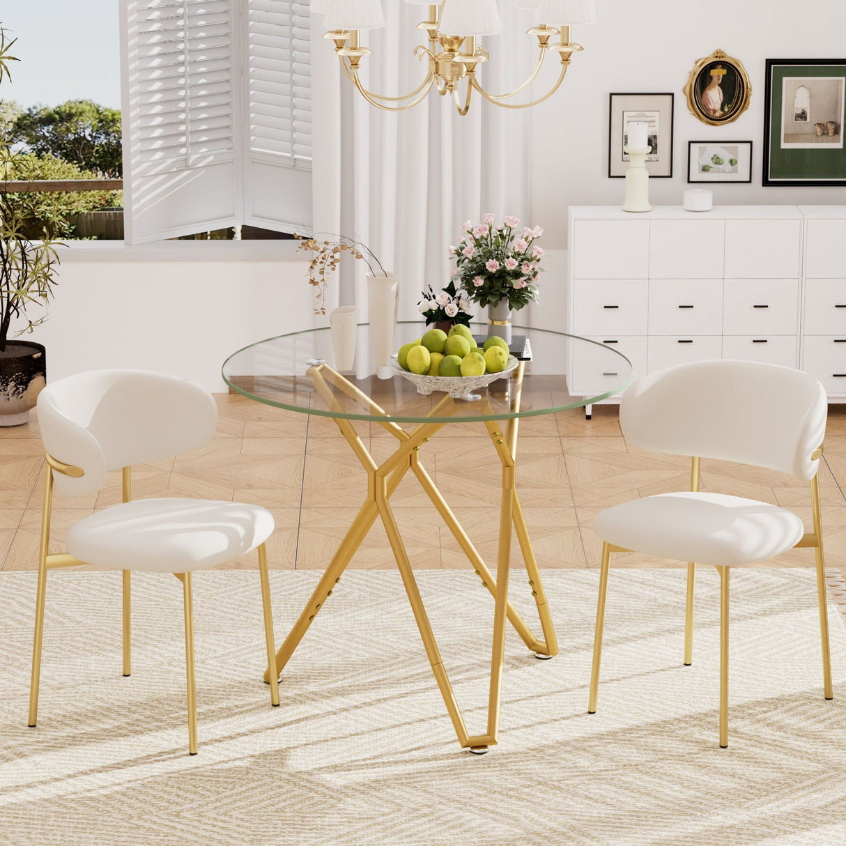 Modern Round Tempered Glass Dining Table With Sturdy Metal Legs For 1 - 4 People - Gold