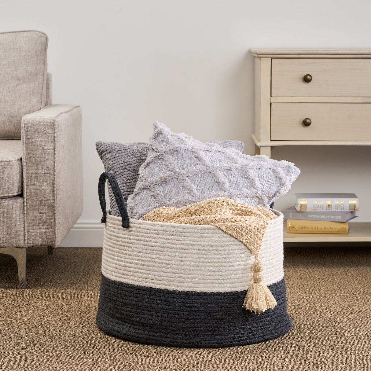 Cotton Round Laundry And Storage Basket With Sturdy Handles - Gray / White