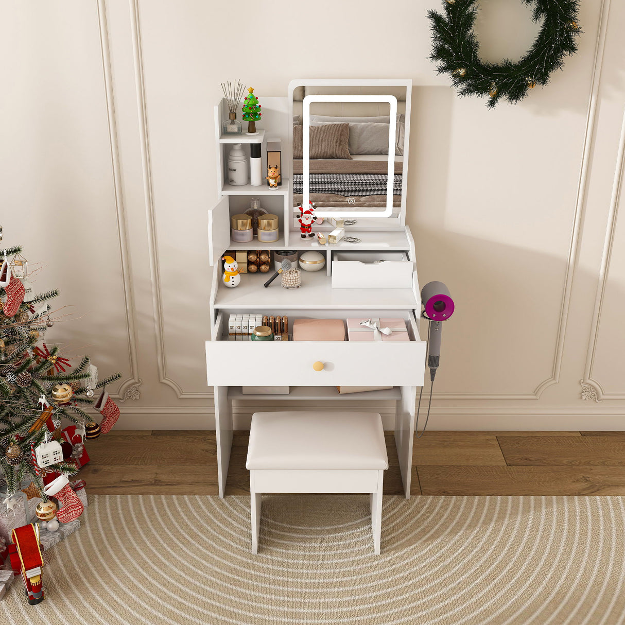 3 Color LED Vanity Mirror With Stool, 2 Drawers & 5 Storage Cabinets, Adjustable Lighting - White