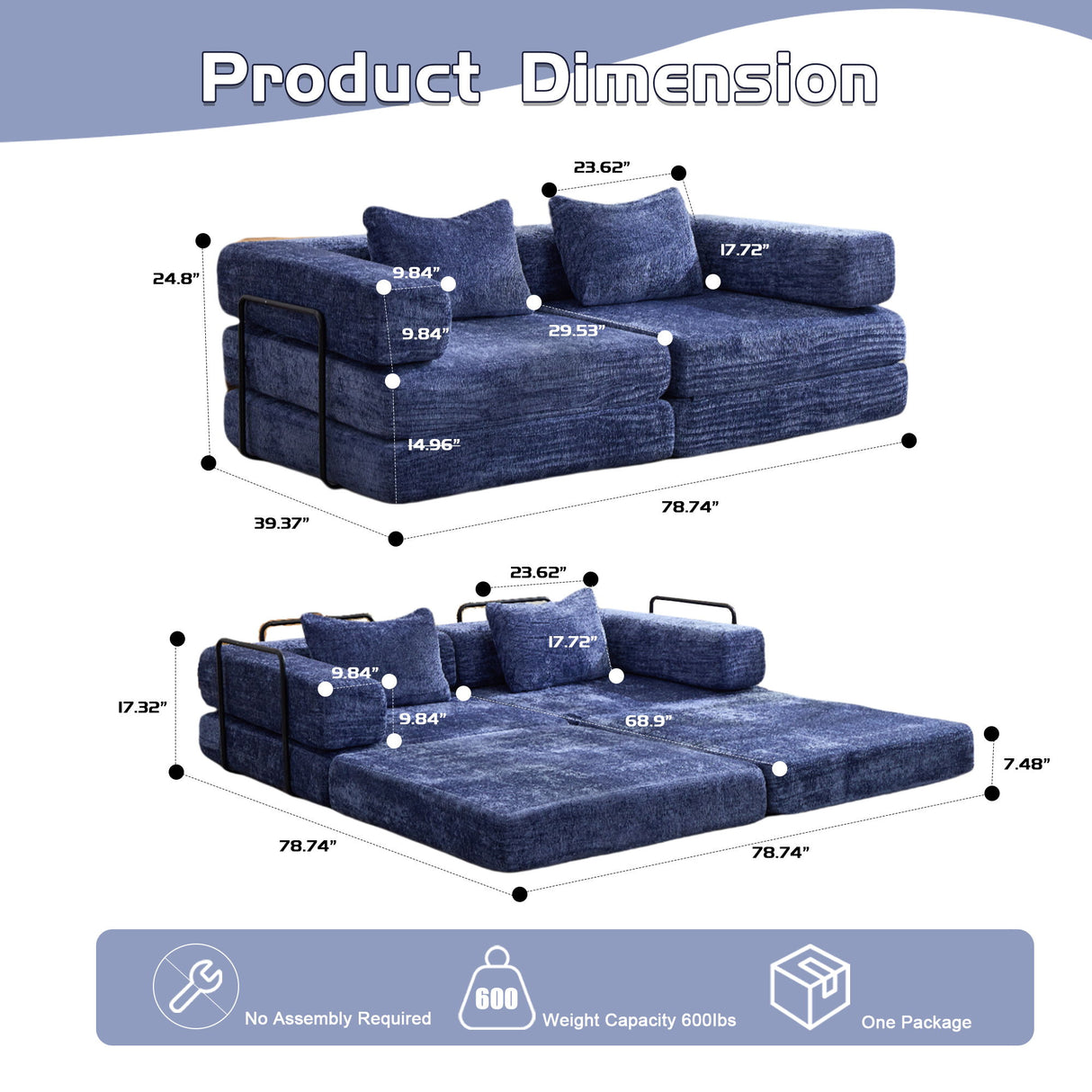Convertible Floor Sofa Bed With Pillow Back Support Armrest