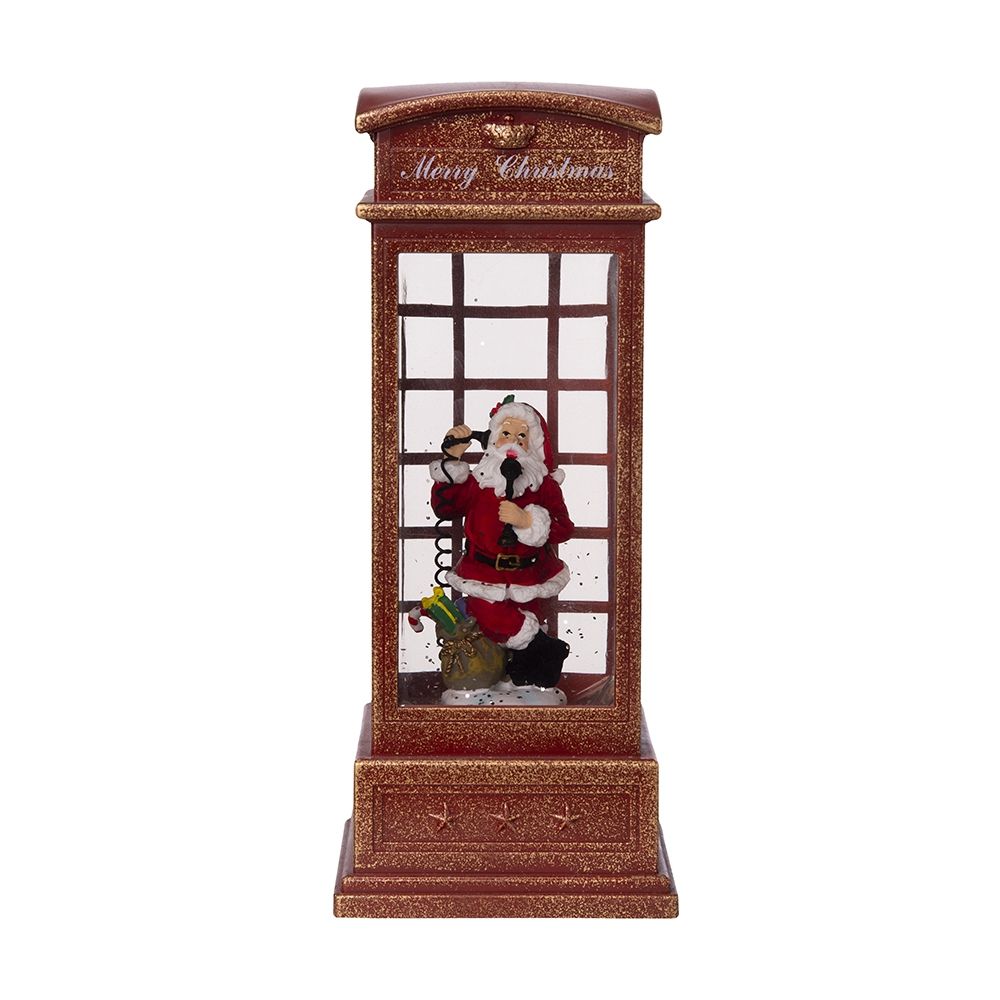 Christmas Lighted Water Spinning Phone Booth With Santa On Phone, 3*AA Batteries Required - White / Red
