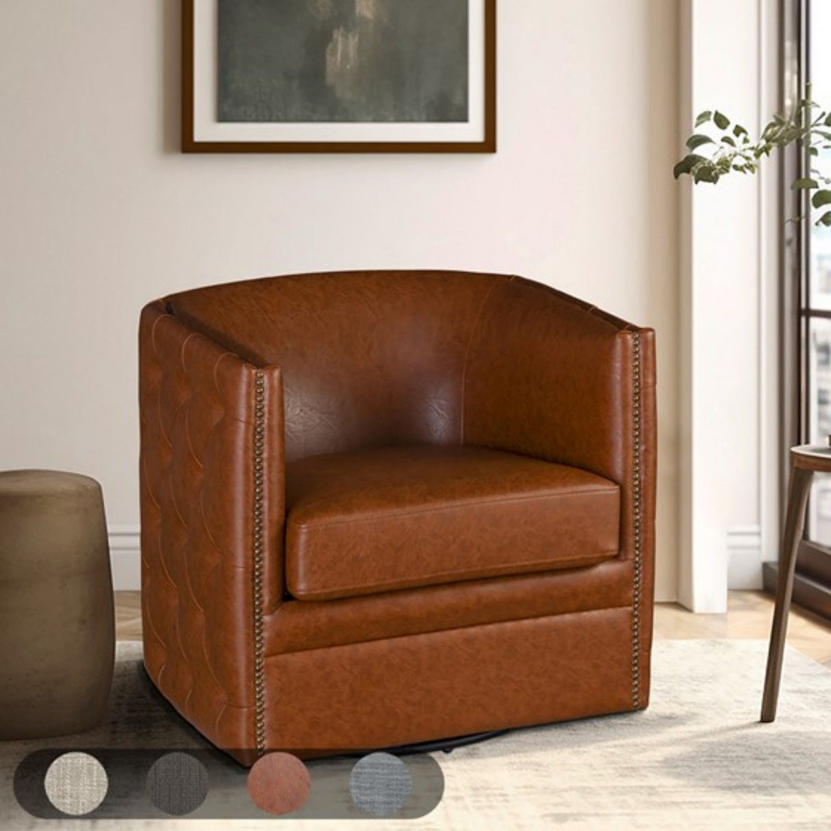 Swivel Chair With Tufted Barrel Design And Nailhead Accents