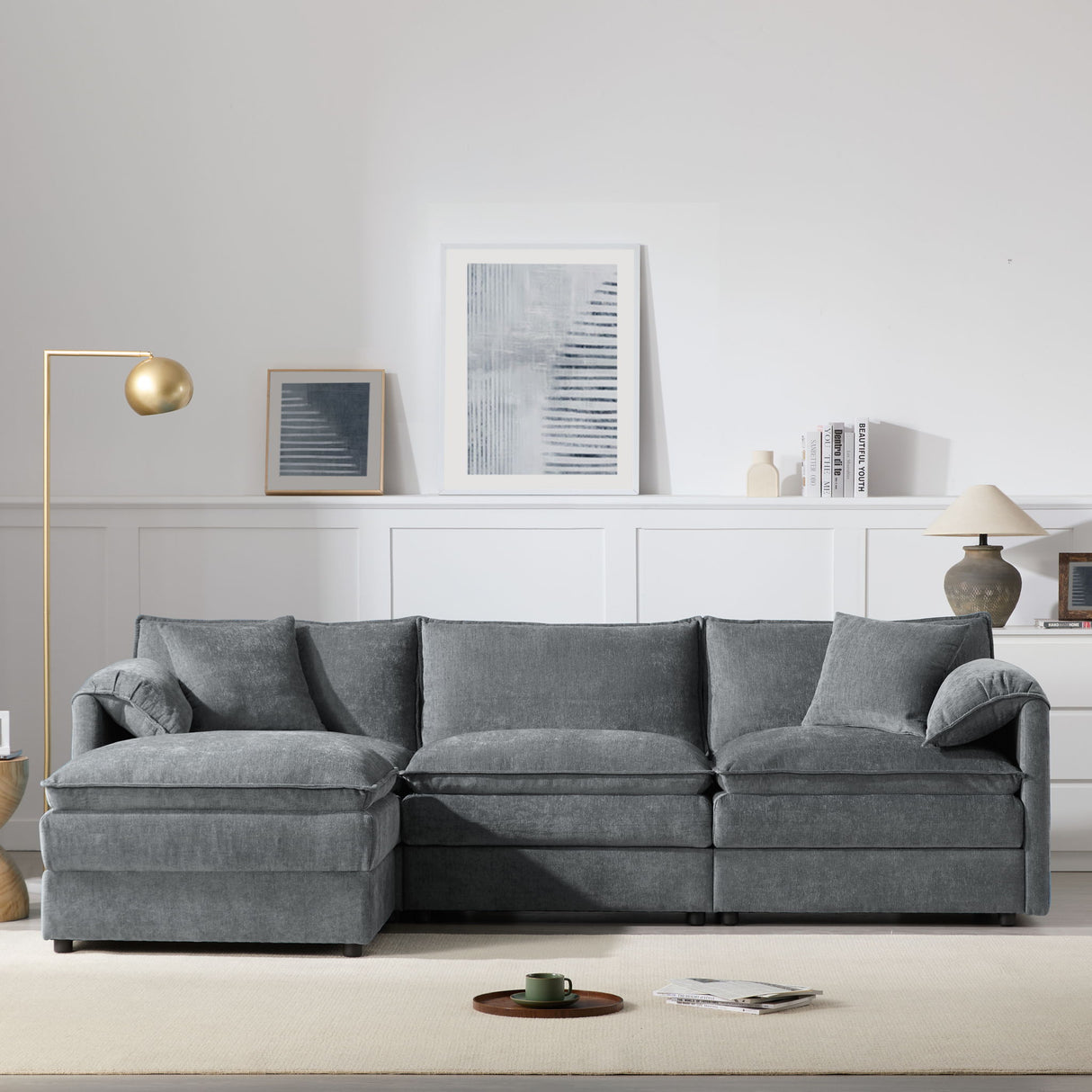 Modular Sectional With Deep And Wide Seat, Cloud Couch Set With Double Cushions Sofa With Movable Ottoman