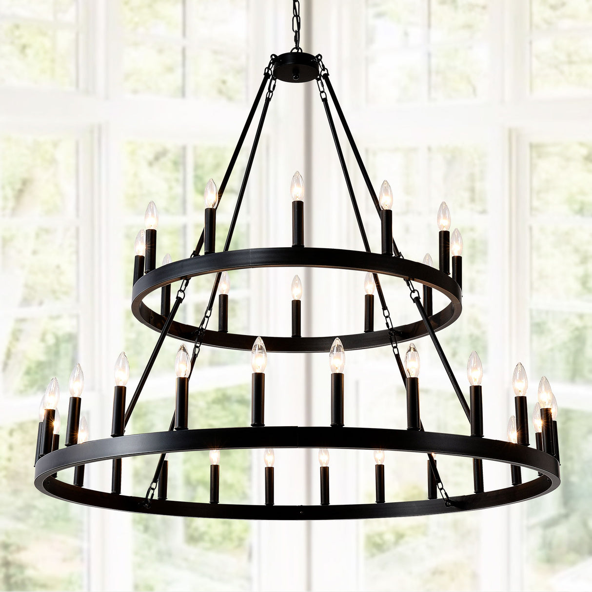 2 Tiers Wagon Wheel Chandelier Wooden Farmhouse 36 Light (24 / 12) Or (12 / 24) Metal Chandeliers 2 Story Light Fixtures Industrial For High Ceiling Living Dining Room Foyer, Adjustable Height - Black