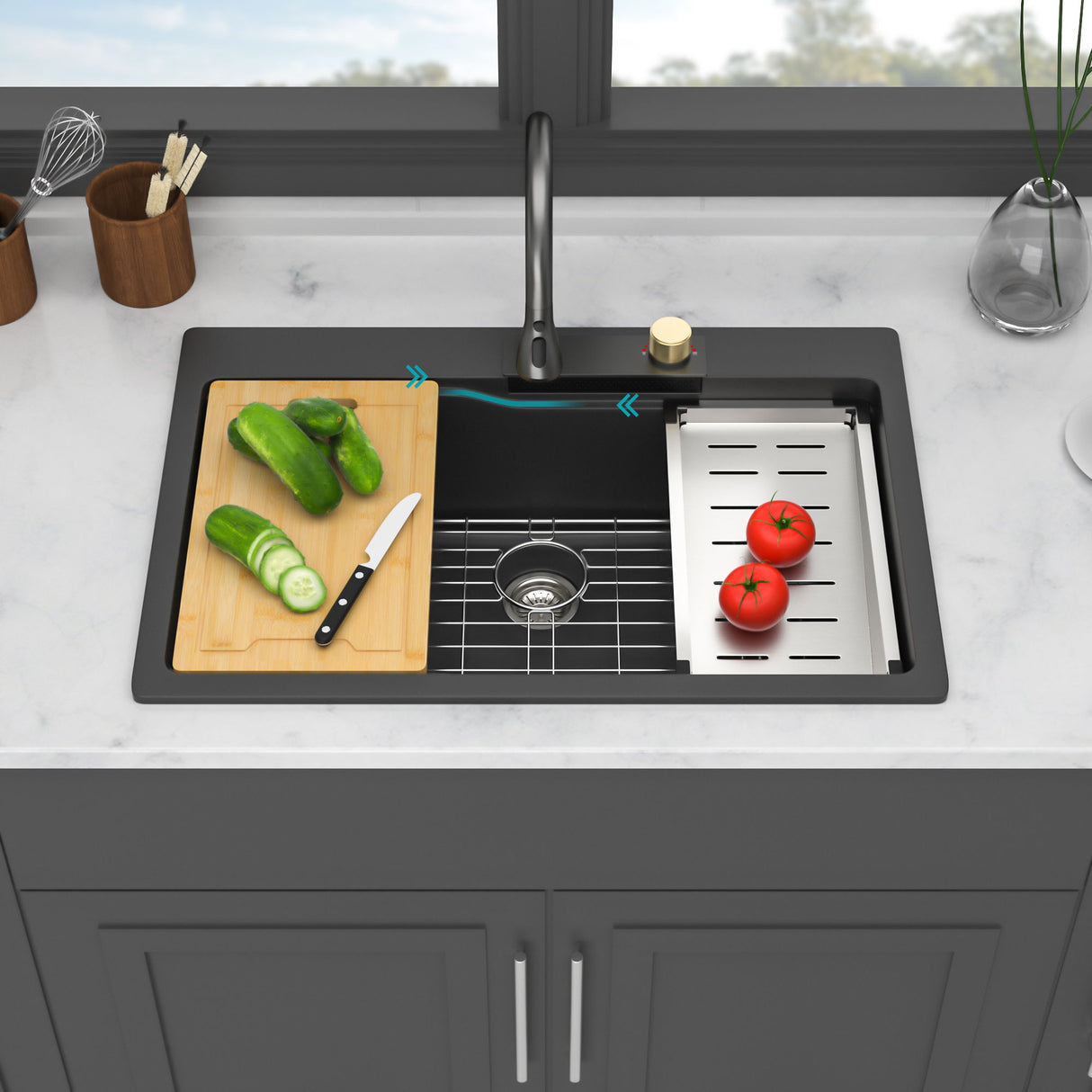 Waterfall Kitchen Sink With Pull Out Faucet & Cup Washer