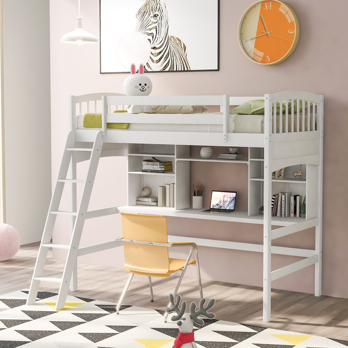 Loft Bed With Storage Shelves, Desk And Ladder