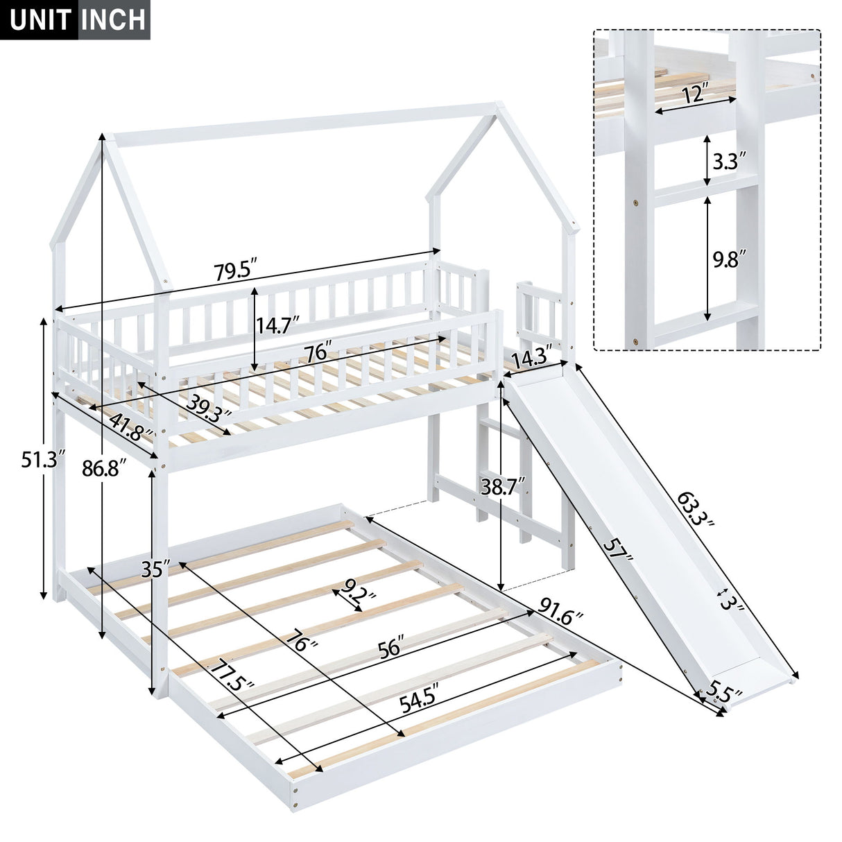 Hearth & Haven - Twin Over Full House Bunk Bed With Slide, Built In Ladder And Full Length Guardrail - White