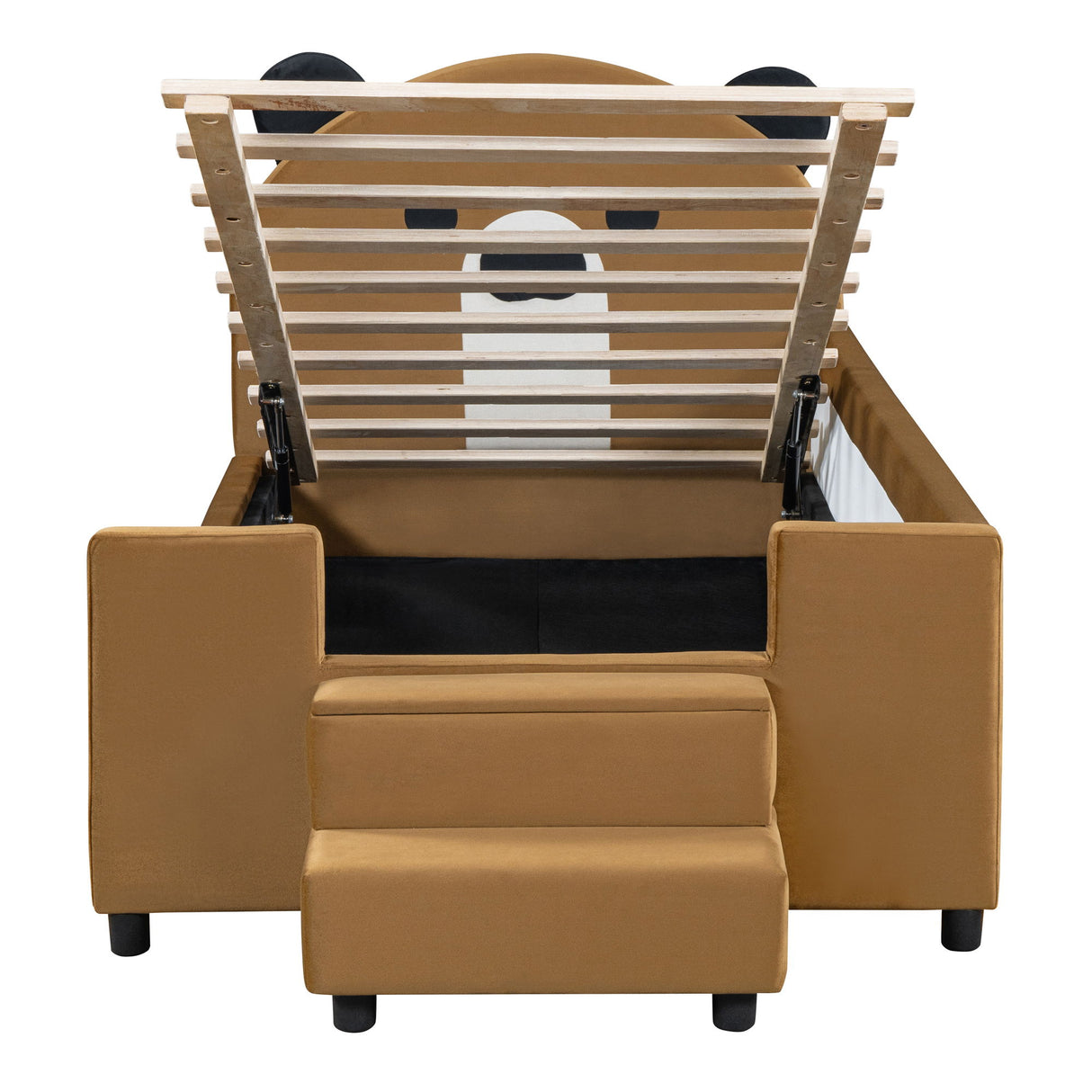 Upholstered Daybed With Bear Shaped Headboard, Hydraulic System And Breathable Mesh Fence