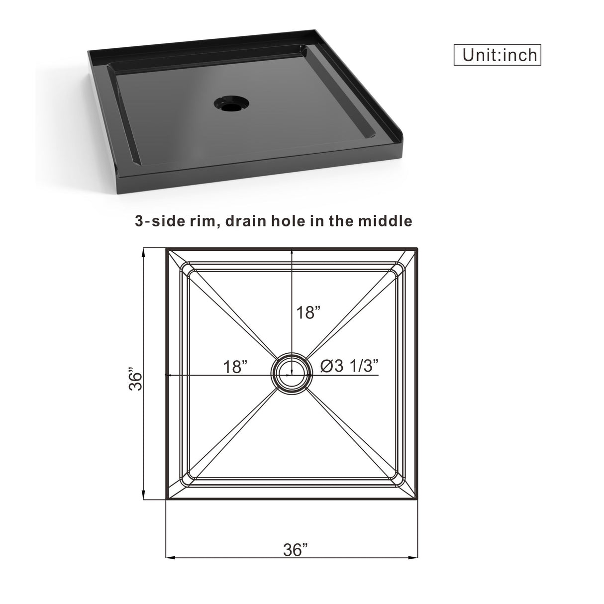 Shower Base, Anti Slip Center Drain Single Threshold - Black