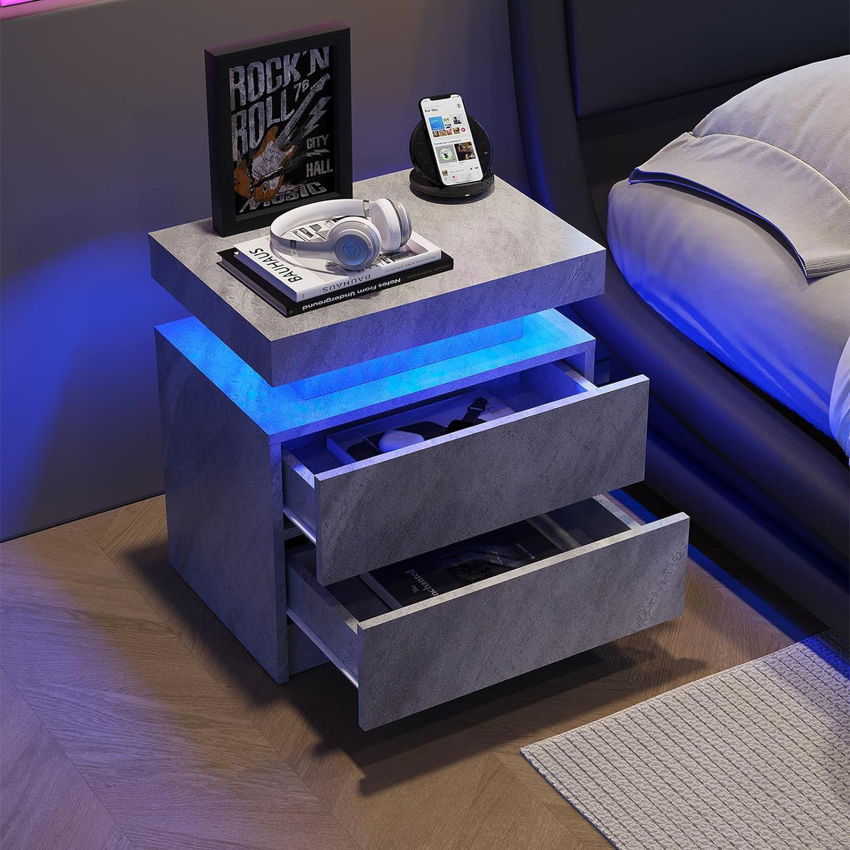Nightstand LED, Bedside Table Cabinet With 2 Drawers For Bedroom