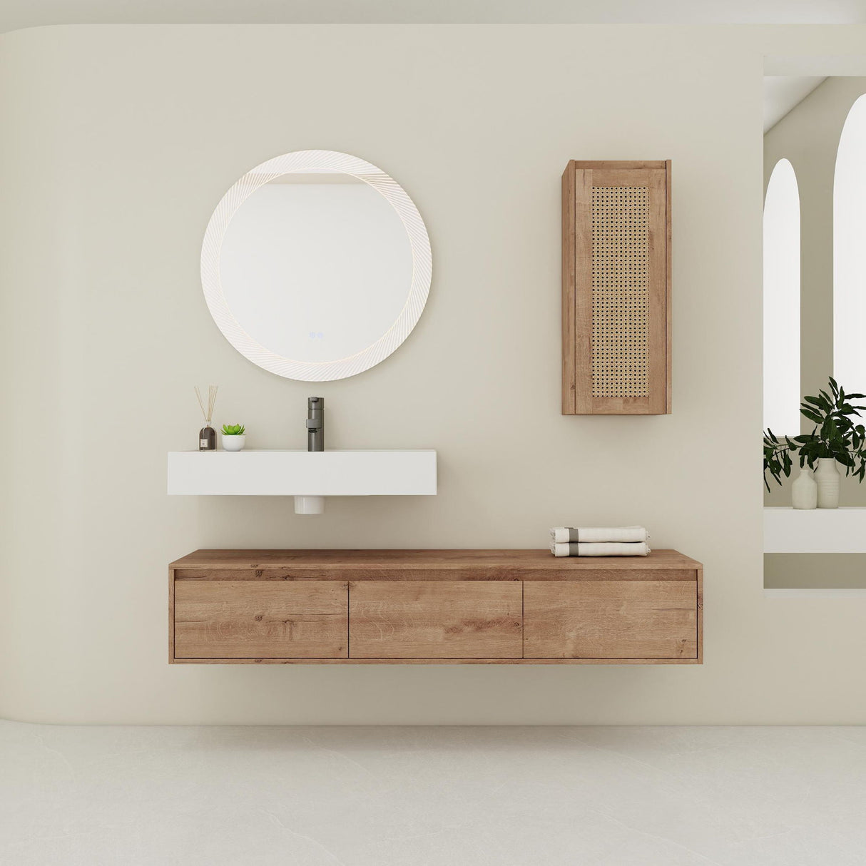 Modern Imitative Wall Mounted Bathroom Vanity With Resin Sink And Side Cabinet