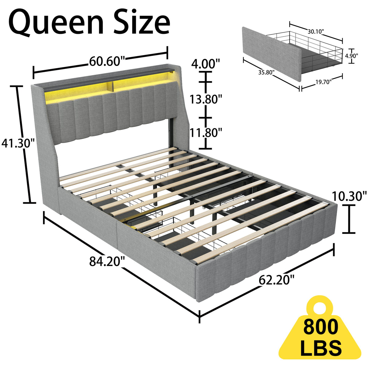Queen Size Bed Frame With LED Lighting, Winged Headboard With Storage Drawers - Light Gray