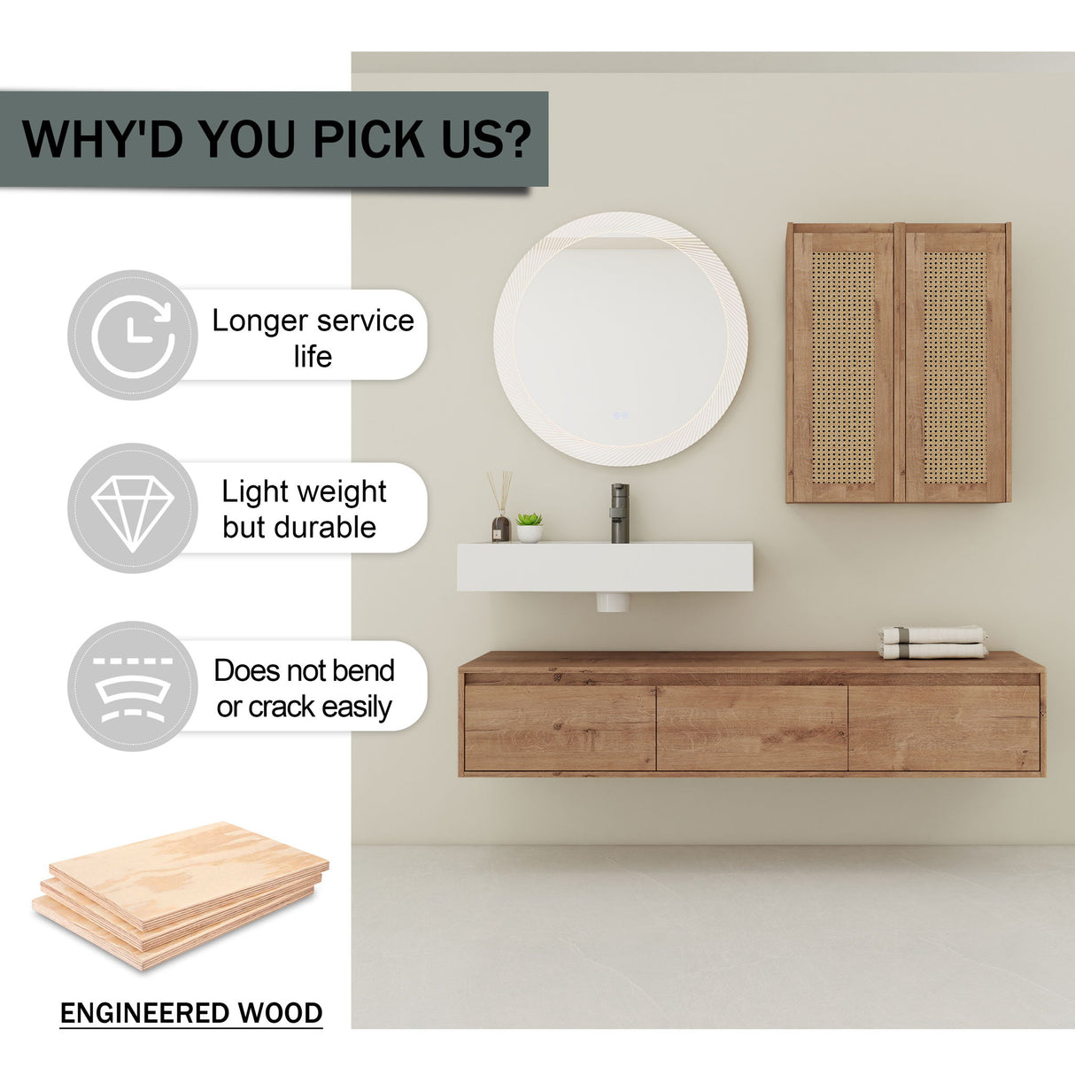 Modern Wall Mounted Bathroom Vanity With Resin Sink And 2 Side Cabinet, Imitative, Construction - Imitative Oak