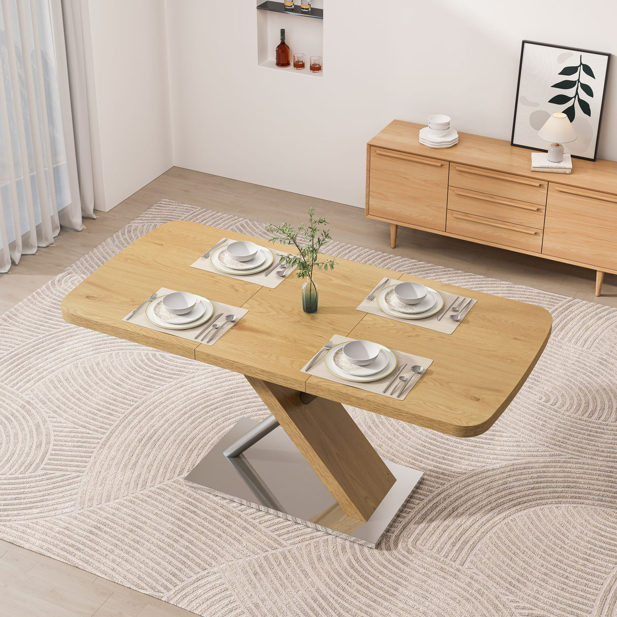 Retractable Square Dining Table, Seating 4 - 6 People, Cross Base With Stainless Steel Tubing, Expandable - Natural