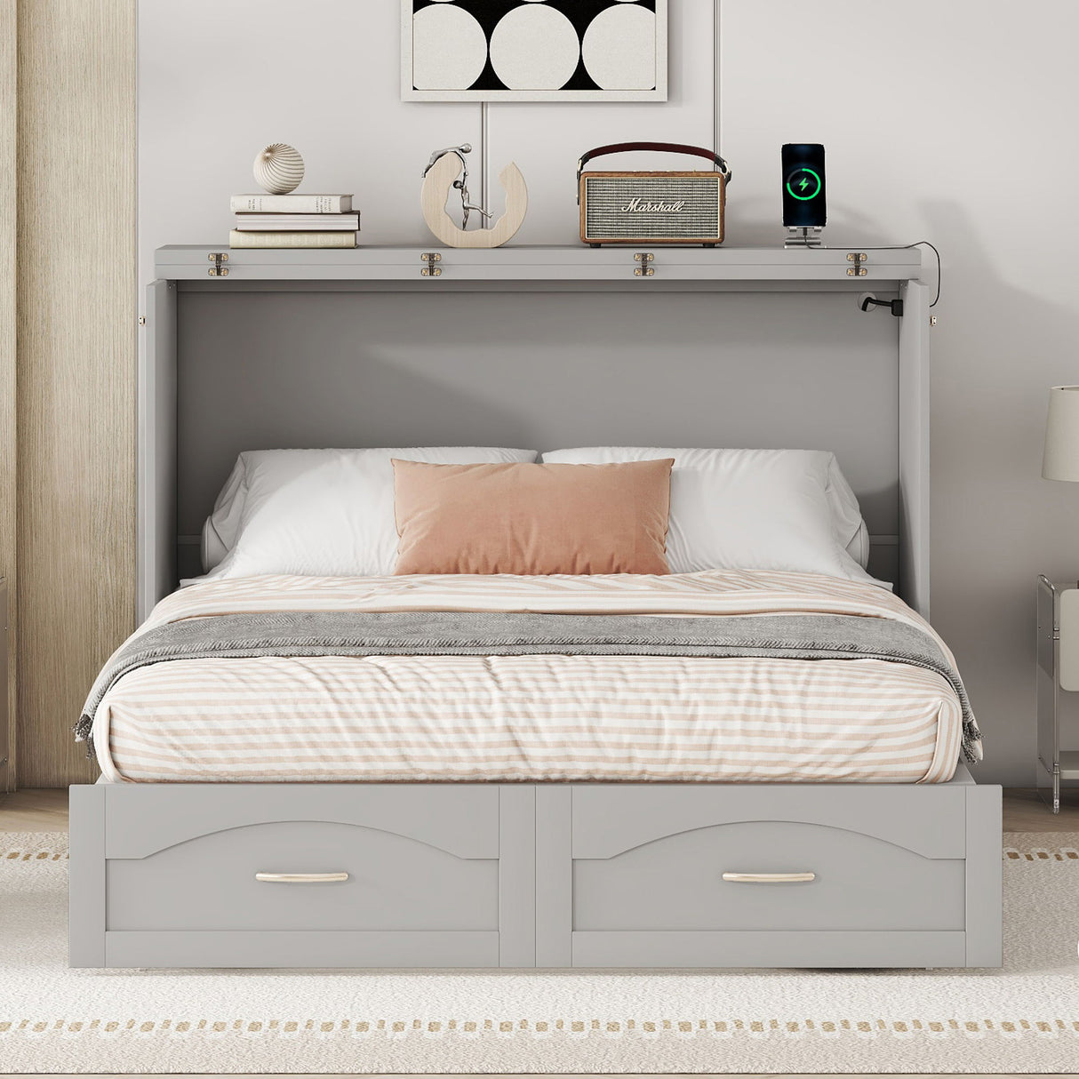 Murphy Wall Bed With Drawer And A Set Of Sockets & USB Ports, Pulley Structure Design